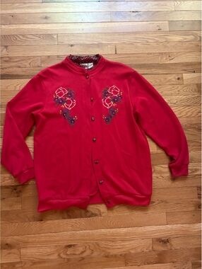 Baxter & Wells Red Button-Up Cardigan Sweater with Floral Embroidery and Plaid L